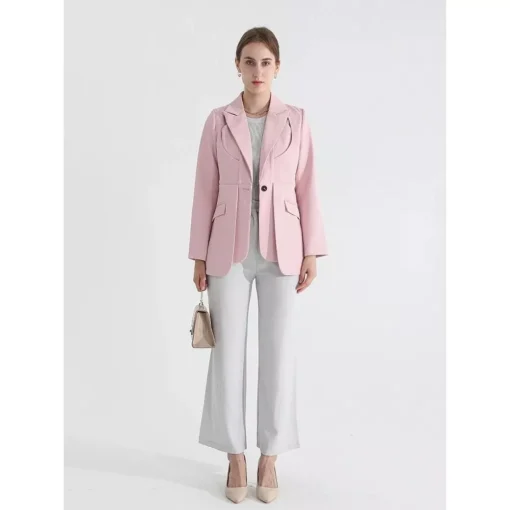 Women’s Solid Color Blazer with Notched Collar and Unique Folds
