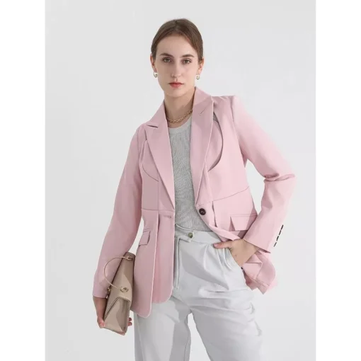 Women’s Solid Color Blazer with Notched Collar and Unique Folds