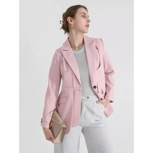 Women’s Solid Color Blazer with Notched Collar and Unique Folds