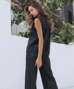 Elegant Cotton Linen Vest Outfit with High Waist Wide Trousers