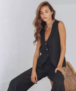 Elegant Cotton Linen Vest Outfit with High Waist Wide Trousers