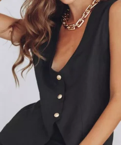 Elegant Cotton Linen Vest Outfit with High Waist Wide Trousers