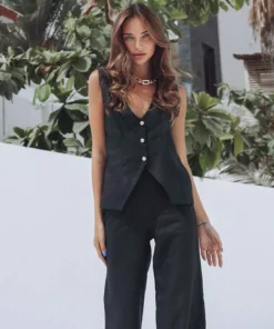 Elegant Cotton Linen Vest Outfit with High Waist Wide Trousers