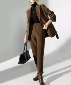 Autumn Winter Elegant Woolen Pant Suits with Belted Jackets and Warm Trousers for Women