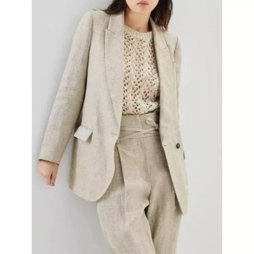Elegant Cotton Linen Women’s Blazer and Pants Set