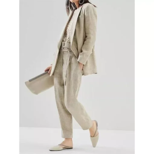 Elegant Cotton Linen Women’s Blazer and Pants Set