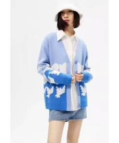 Chic Autumn Women’s V-Neck Knit Cardigan with Elegant Pigeon Pattern
