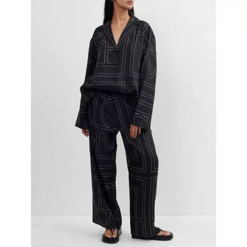 Women’s Chic Geometric Print Pajama-Style Shirt and Trousers/Shorts Set