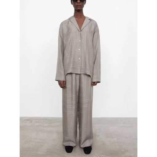 Women’s Chic Geometric Print Pajama-Style Shirt and Trousers/Shorts Set