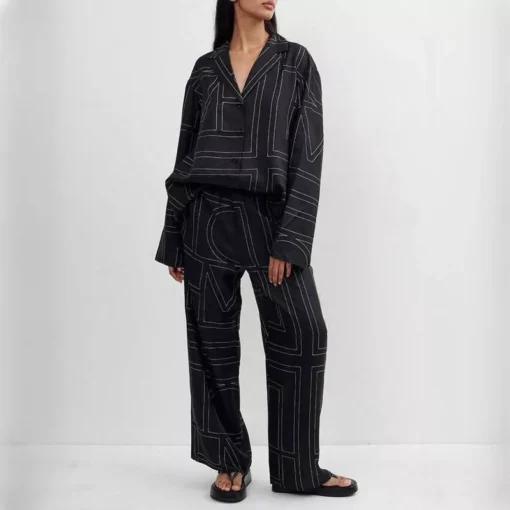 Women’s Chic Geometric Print Pajama-Style Shirt and Trousers/Shorts Set