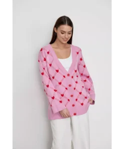 Women’s Oversized V-Neck Knitted Cardigan with Heart Print
