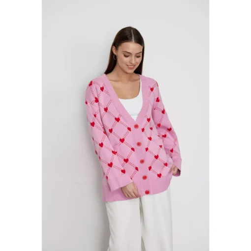 Women’s Oversized V-Neck Knitted Cardigan with Heart Print