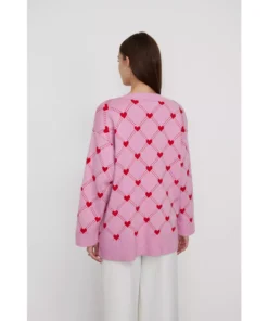 Women’s Oversized V-Neck Knitted Cardigan with Heart Print