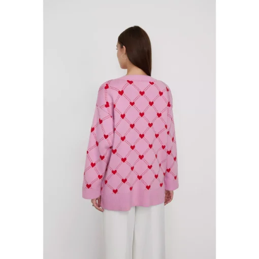 Women’s Oversized V-Neck Knitted Cardigan with Heart Print