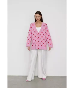 Women’s Oversized V-Neck Knitted Cardigan with Heart Print