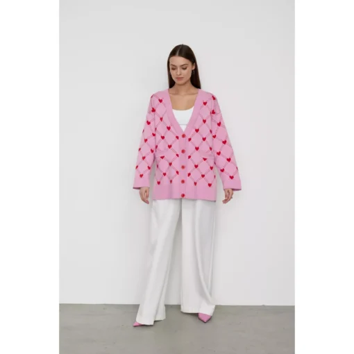 Women’s Oversized V-Neck Knitted Cardigan with Heart Print