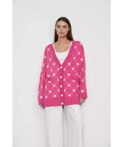 Women’s Oversized V-Neck Knitted Cardigan with Heart Print