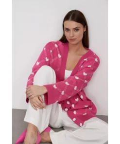 Women’s Oversized V-Neck Knitted Cardigan with Heart Print
