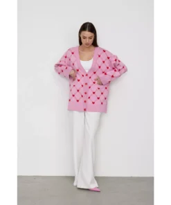 Women’s Oversized V-Neck Knitted Cardigan with Heart Print