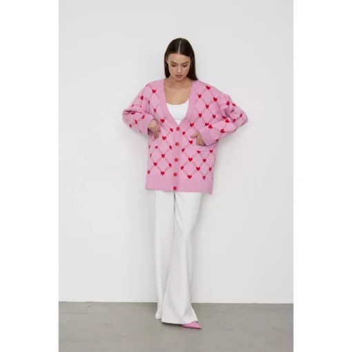 Women’s Oversized V-Neck Knitted Cardigan with Heart Print