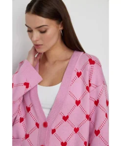 Women’s Oversized V-Neck Knitted Cardigan with Heart Print