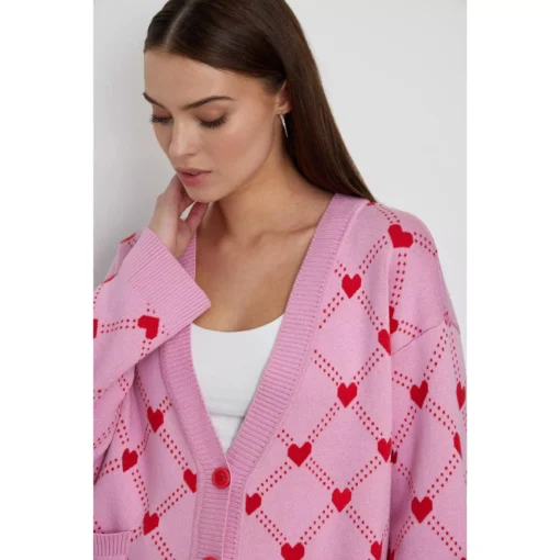 Women’s Oversized V-Neck Knitted Cardigan with Heart Print