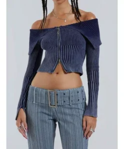 Chic Knitted One-Shoulder Midriff Cardigan