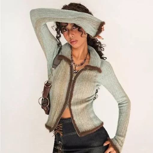 Women’s Slim Fit Knitted Cardigan with Two-Way Zipper and Flash Stripes