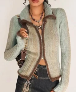 Women’s Slim Fit Knitted Cardigan with Two-Way Zipper and Flash Stripes