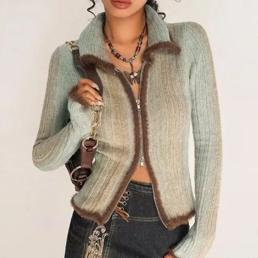 Women’s Slim Fit Knitted Cardigan with Two-Way Zipper and Flash Stripes