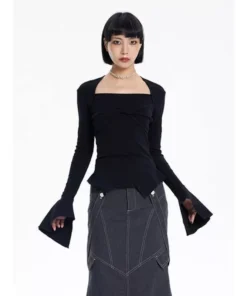 Chic Square Collar Flare Sleeve Knit Sweater for Women