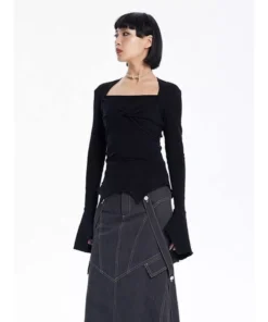 Chic Square Collar Flare Sleeve Knit Sweater for Women
