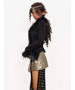 Chic V-Neck Lace-Up Faux Fur Patchwork Knit Cardigan