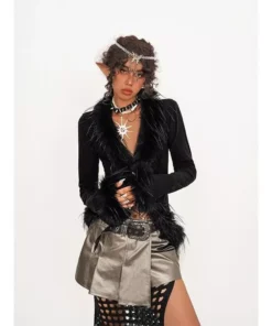 Chic V-Neck Lace-Up Faux Fur Patchwork Knit Cardigan