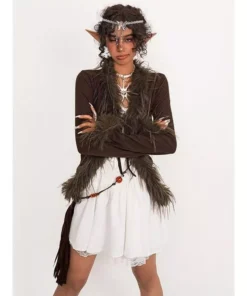 Chic V-Neck Lace-Up Faux Fur Patchwork Knit Cardigan