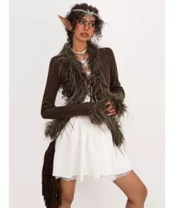 Chic V-Neck Lace-Up Faux Fur Patchwork Knit Cardigan