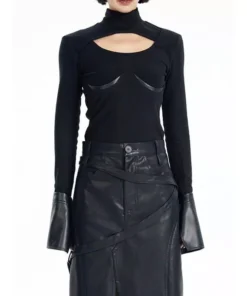 Chic Knitted Pullover with PU Leather Patchwork