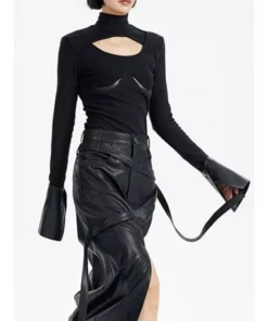 Chic Knitted Pullover with PU Leather Patchwork