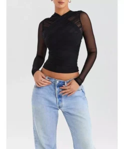 Sheer Mesh V-Neck Long Sleeve Sexy T-Shirt