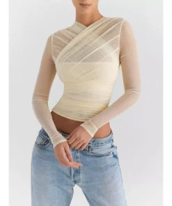 Sheer Mesh V-Neck Long Sleeve Sexy T-Shirt