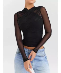 Sheer Mesh V-Neck Long Sleeve Sexy T-Shirt