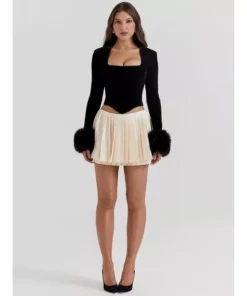 Elegant Square Collar Feather Sleeve Sexy Corset Top