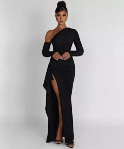 Chic Oblique Shoulder Thigh-High Split Maxi Dress – Sleeveless Backless Bodycon for Evening Parties
