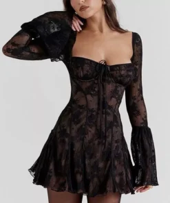 Elegant Square Collar Backless Flare Sleeve Mini Dress