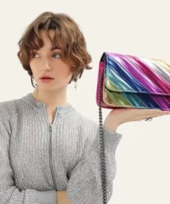 Colorful Striped Flap Handbag with Metal Chain