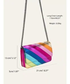 Colorful Striped Flap Handbag with Metal Chain