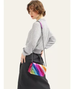Colorful Striped Flap Handbag with Metal Chain