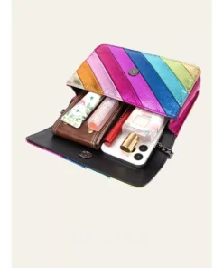 Colorful Striped Flap Handbag with Metal Chain