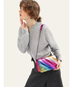 Colorful Striped Flap Handbag with Metal Chain