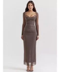 Elegant Sheer Long Sleeve Maxi Dress